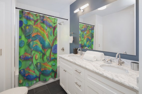 Fish Shower Curtain Green Background School Of Fish Blues Etsy