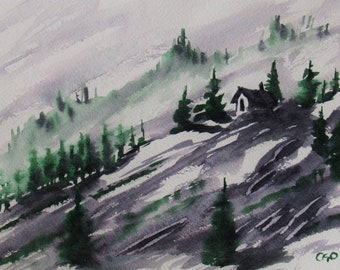 Mountain Winter I - Hanpainted watercolor landscape 7x10"
