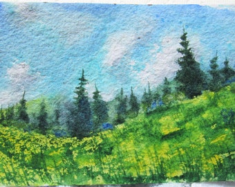 Yellow Meadow - Original handmade watercolor landscape painting