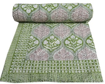 Green Kantha Quilt Boho Art Bedspread Coverlet Queen Kantha Throw Bedding Block Print Quilt Kantha