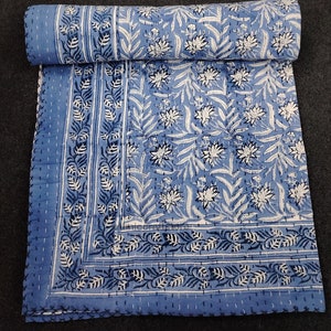 Comforter Quilt Hand Block printed Blue Kantha Soft Cotton Hippie Blanket Bedding kantha Queen bed Cover Quilt