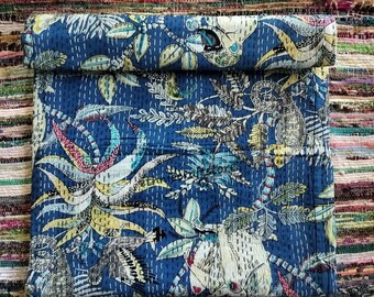 Indian Kantha Quilt Throw Reversible Coverlet Summer Bedding Hippie Quilt Monkey Print Quilt