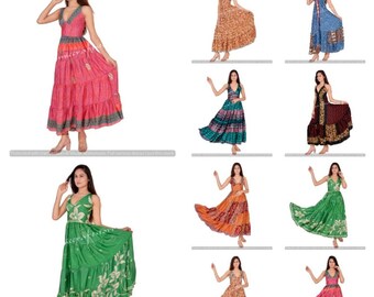 Vente en gros de 5 pièces robe licou indienne Boho robe longue imprimée florale robe ethnique dos nu colorée robe portefeuille robe en soie robe d'été