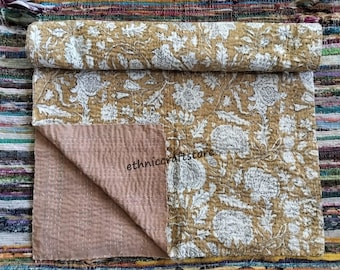 Colcha Kantha de algodón cosida a mano – Decoración floral bohemia para el hogar