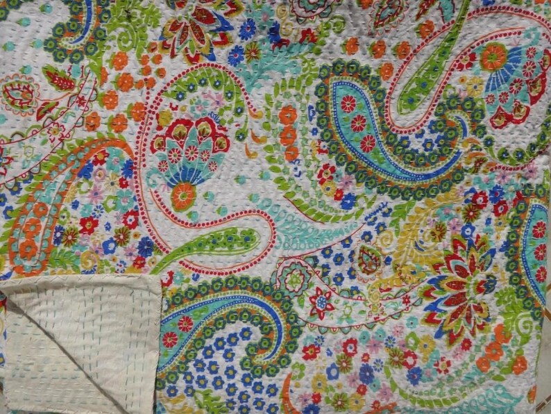 Indian Handmade Queen Cotton Paisley Print Kantha Quilt throw Blanket Bedspread Hand Stitch Kantha Work Quilt