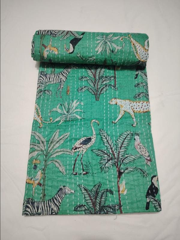 Indian Animal Print Kantha Quilt Throw Reversible Coverlet Summer Bedding Hippie Quilt Kantha