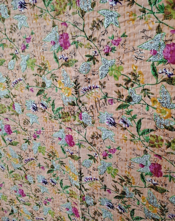 Floral Print Cotton Kantha Throw Reversible Bohemian Bedspread Quilted Kantha Summer Bed Cover Quilt