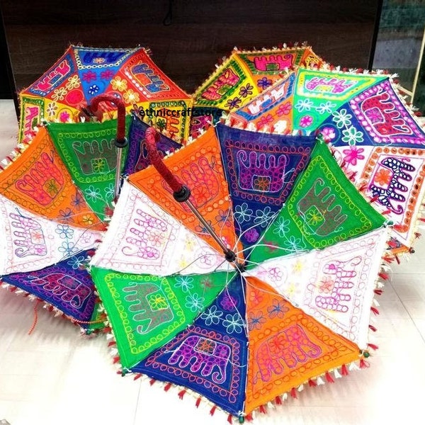thumbnail interactive-video image 1 of 10-Pack Indian Wedding Mehndi Decorative Umbrellas – Handmade Cotton With Mirror Work – Multicolor 1 of 4