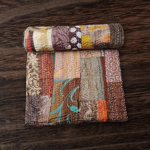 Hand-Stitched Indian Patchwork Kantha Quilt, Cotton Silk Bed Cover, Queen Size