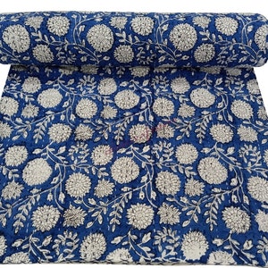 Floral Printed Cotton Kantha Quilt Reversible Boho Art Blue Summer Kantha Queen Bedspread Throw Blanket Kantha Quilt
