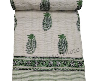 Handblock Gedruckt Grün Reversible Baumwolle Kantha Decke Boho Werfen Indische Bettwäsche Home Décor Bettdecke Quilt