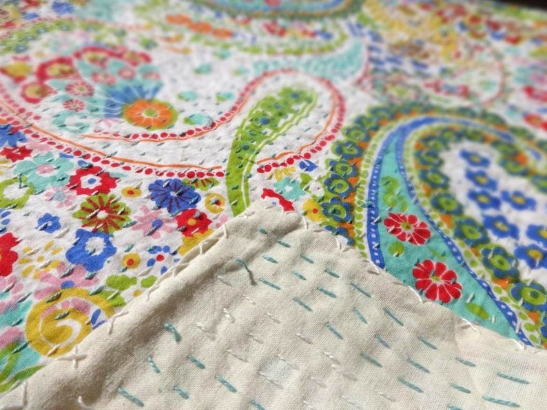 Indian Handmade Queen Cotton Paisley Print Kantha Quilt throw Blanket Bedspread Hand Stitch Kantha Work Quilt