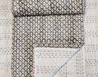 Indian Cotton Kantha Quilt Reversible Blanket Block Printed Quilted Soft Pure Bed Cover Quilt