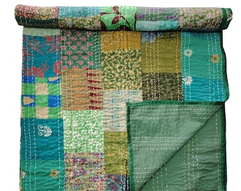 Bohemian Kantha Quilt: Hand-Stitched Cotton Bedspread Throw Blanket