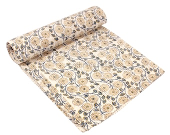 Manta acolchada Kantha 100% algodón: Manta reversible con estampado floral.