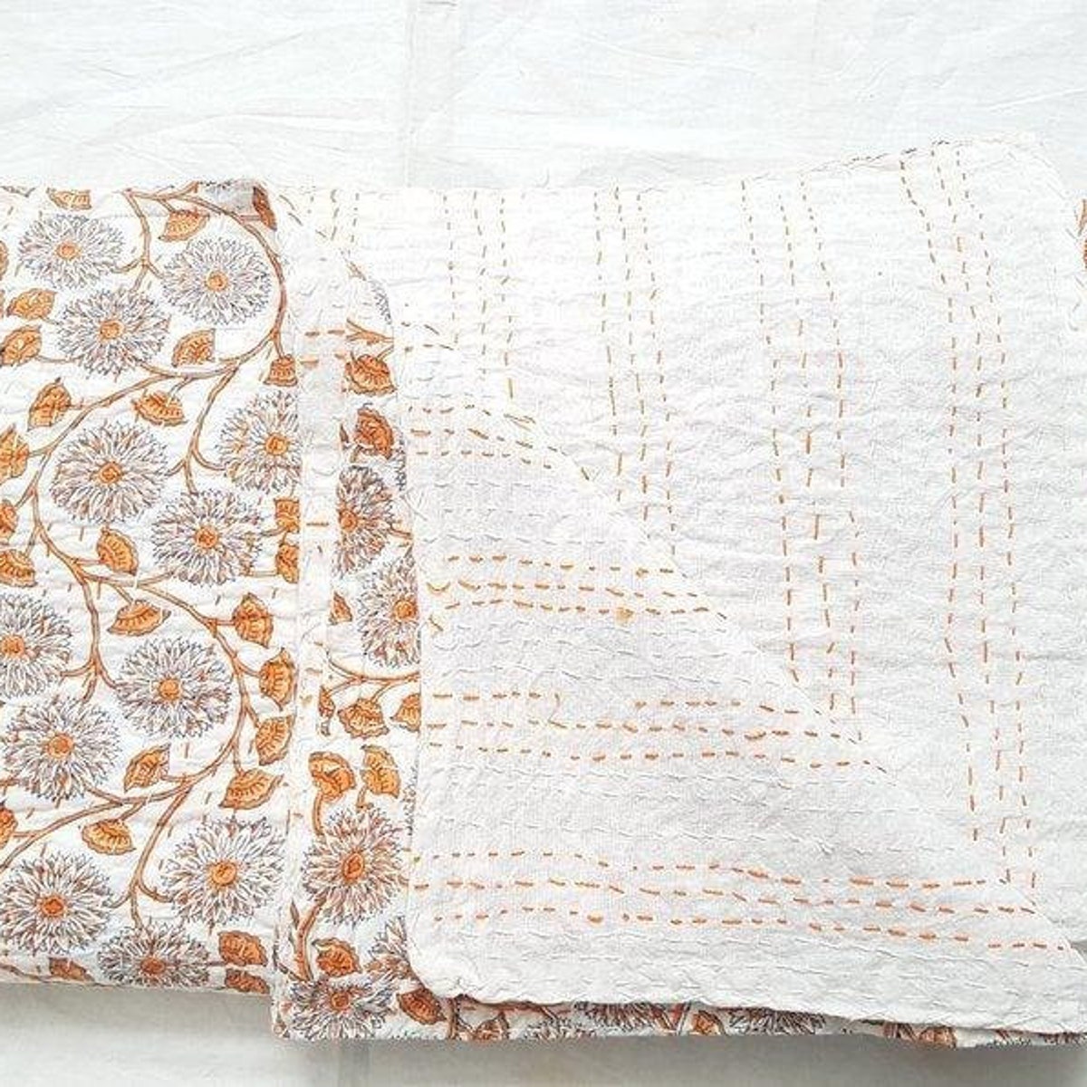 Orange Print Kantha Quilt Hand Block Print size Queen (90 x 108)