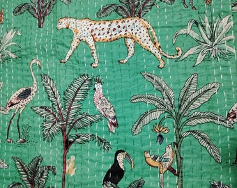 Indian Green Animal Print Cotton Kantha Throw Reversible Quilted Kantha Bedding Quilt Kantha Boho Winter Quilt