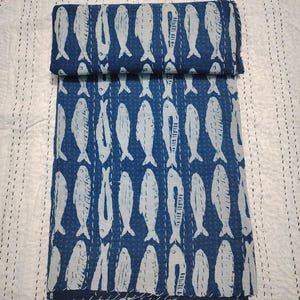 Fish Print Cotton Kantha Quilt Indian Boho Reversible Quilted Kantha Soft Bed Cover Quilt Kantha