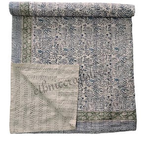 Blue Print Floral Quilt Kantha Throw Bedding Hippie Cotton Quilt Throw Reversible Quilt Kantha