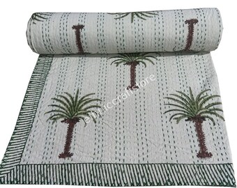 Block Printed Kantha Quilt Reversible Bedspread Coverlet Queen Kantha Boho Hippie Quilted Kantha