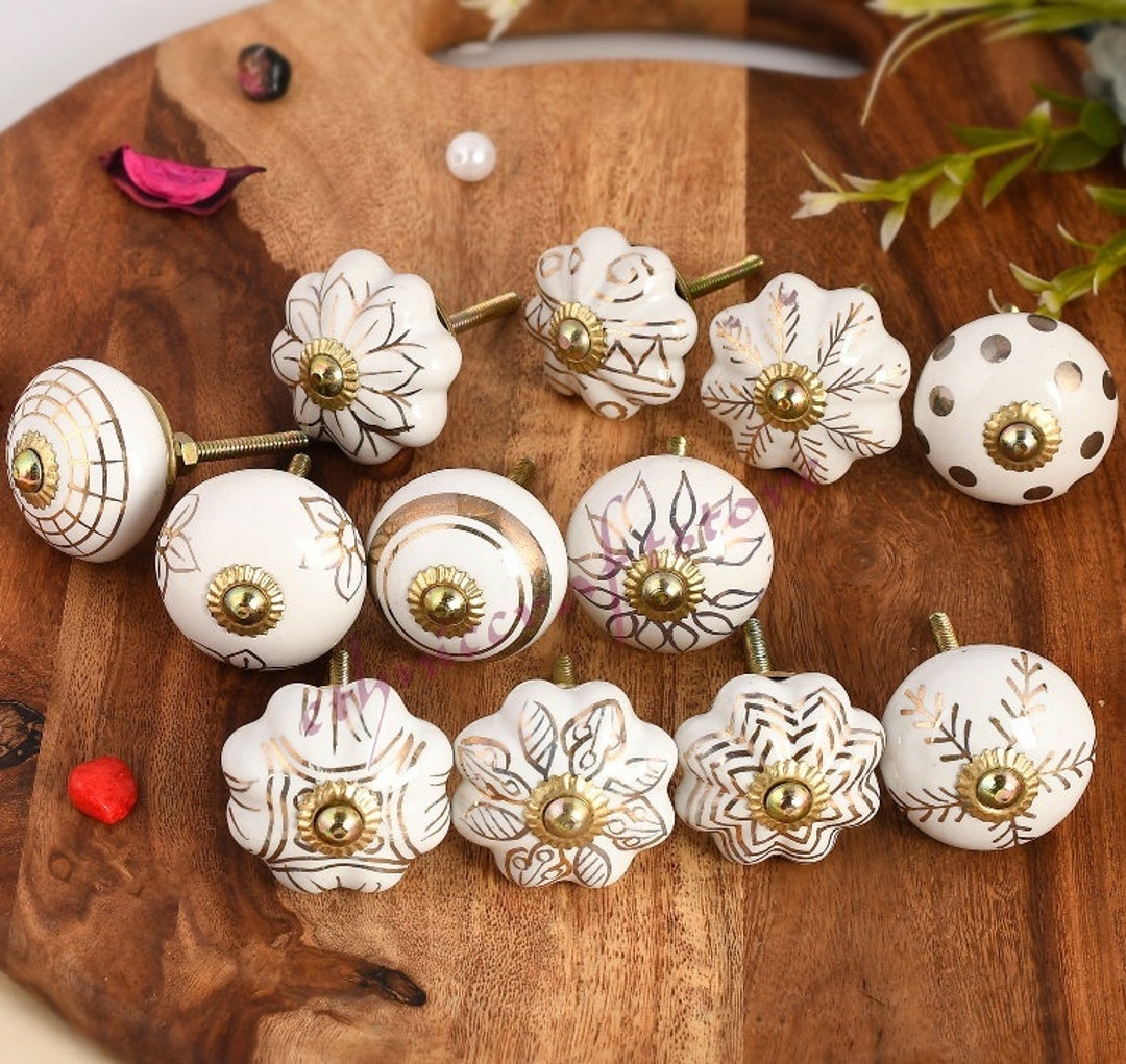 Hand Painted Gold Printed Door Knobs Decorative Knobs Indian Ceramic Door Knobs Gold Print