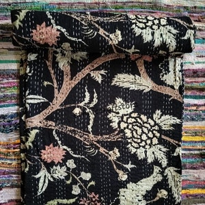 Black Tree Print Kantha Quilt: Reversible Cotton Bedspread Throw Blanket