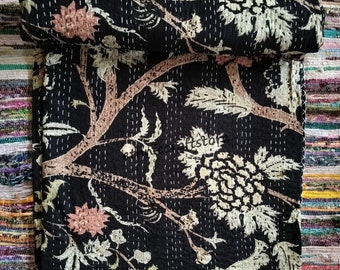 Black Tree Print Kantha Quilt: Reversible Cotton Bedspread Throw Blanket