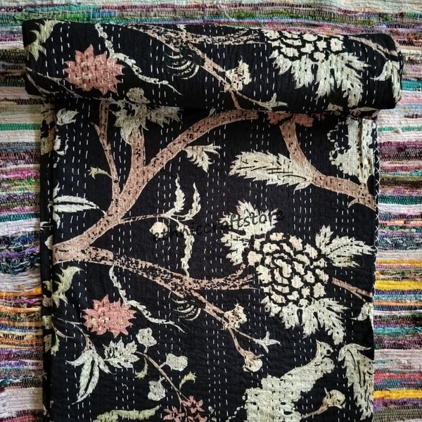 Black Tree Print Kantha Quilt: Reversible Cotton Bedspread Throw Blanket