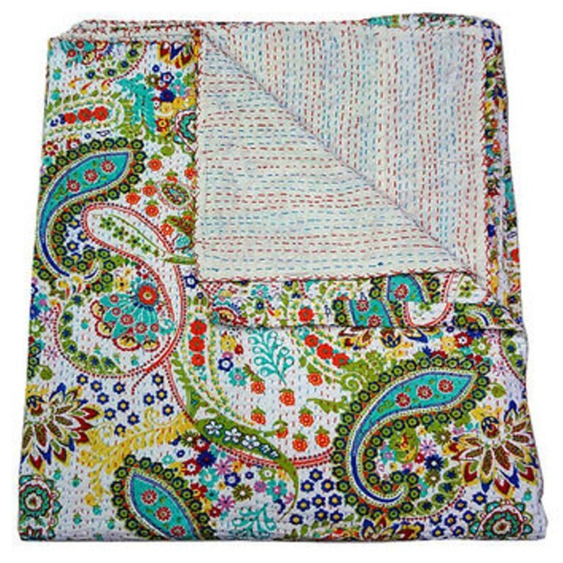 Indian Handmade Queen Cotton Paisley Print Kantha Quilt throw Blanket Bedspread Hand Stitch Kantha Work Quilt