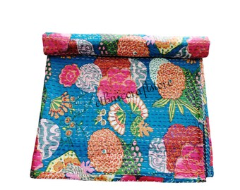 Hand Stitched Kantha Quilt: Floral Print Cotton Bedspread Throw Blanket