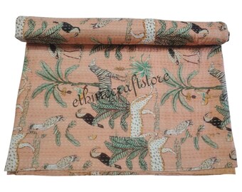 Indian Animal Print Jungle Kantha Quilt Throw Blanket Cotton Reversible Coverlet Summer Quilt Kantha Bedspread Quilt Kantha