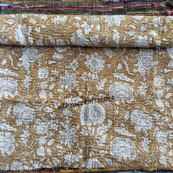 Boho Hippie Cotton Quilt Indian Kantha Reversible Bedspread Floral Bedding Bed Cover Quilt Soft Cotton Kantha
