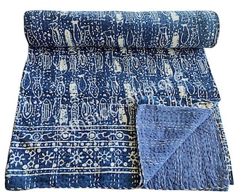 Indigo Blue Fish Kantha Quilt: Hand-Stitched Cotton Bedspread, Reversible Throw