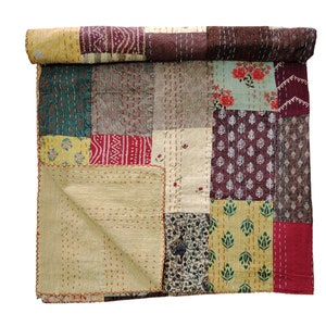 Cotton Patchwork Indian Quilted Kantha Throw Blanket Reversible Gudari Quilt