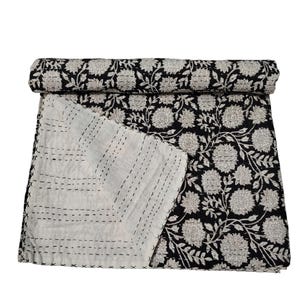 Floral Quilt kantha Throw Bedding Reversible Kantha Bed Cover Printed Cotton Stitched Pure kantha Quilt