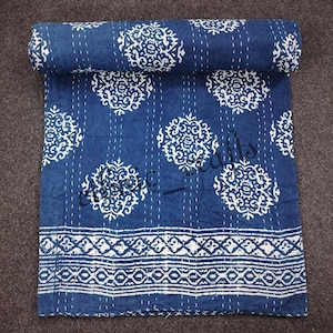 Indian Kantha Quilt , Blue And White Printed , Kantha Bedspread , Throw Block print , Cotton Bedding , Home Décor, Throw Kantha