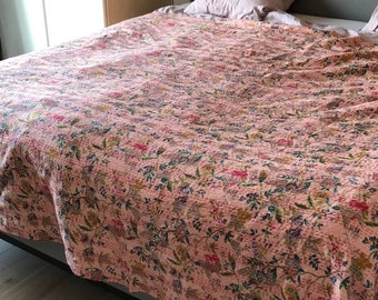 Floral Kantha Quilt: Hand-stitched Indian Cotton Bedspread, King/Queen/Twin
