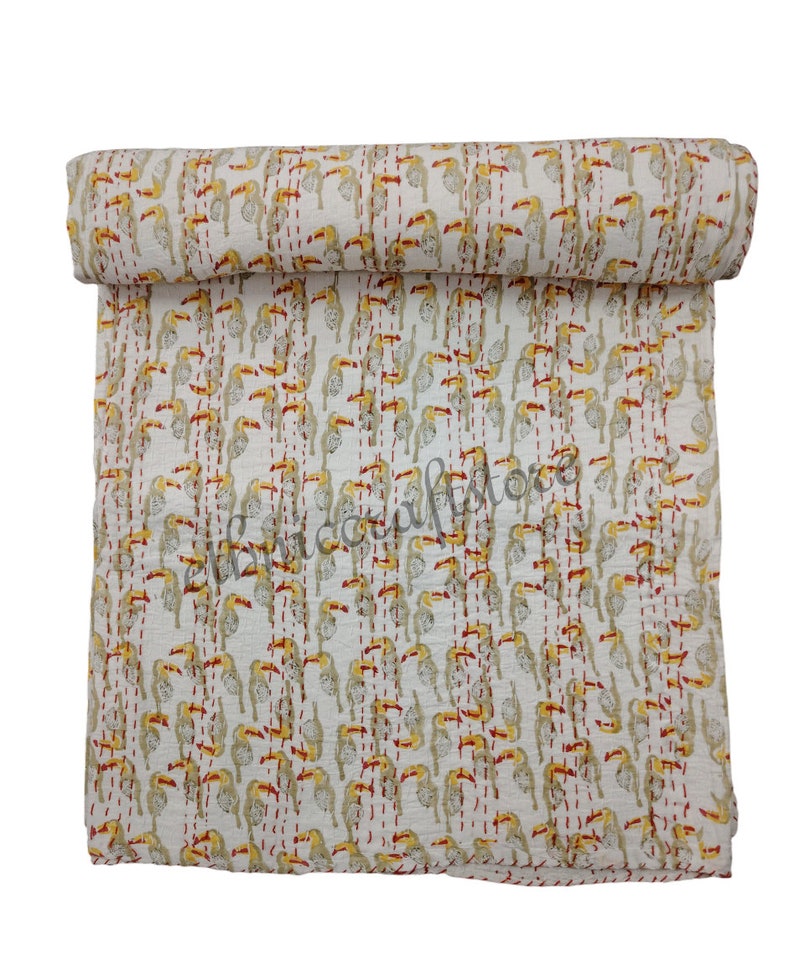 Indian Kantha Quilt Hand Block Floral Print Reversible Bedding Summer