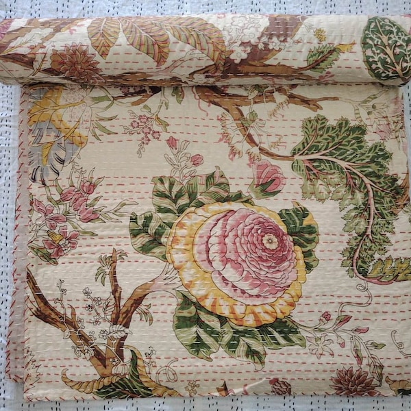 Floral Kantha Quilt Bedspread, Reversible Cotton Bedding