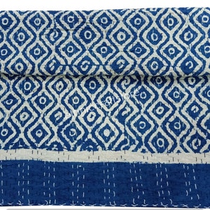 Schöne Hand Block Gedruckt Blau Baumwolle Tagesdecke Quilted Kantha Bettwäsche Kantha Reversible Quilt Kantha