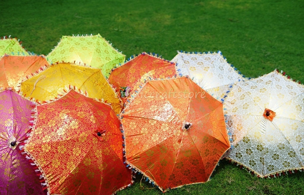 Embroidered Silk Wedding Umbrella: Jaipur Golden Floral Print,…