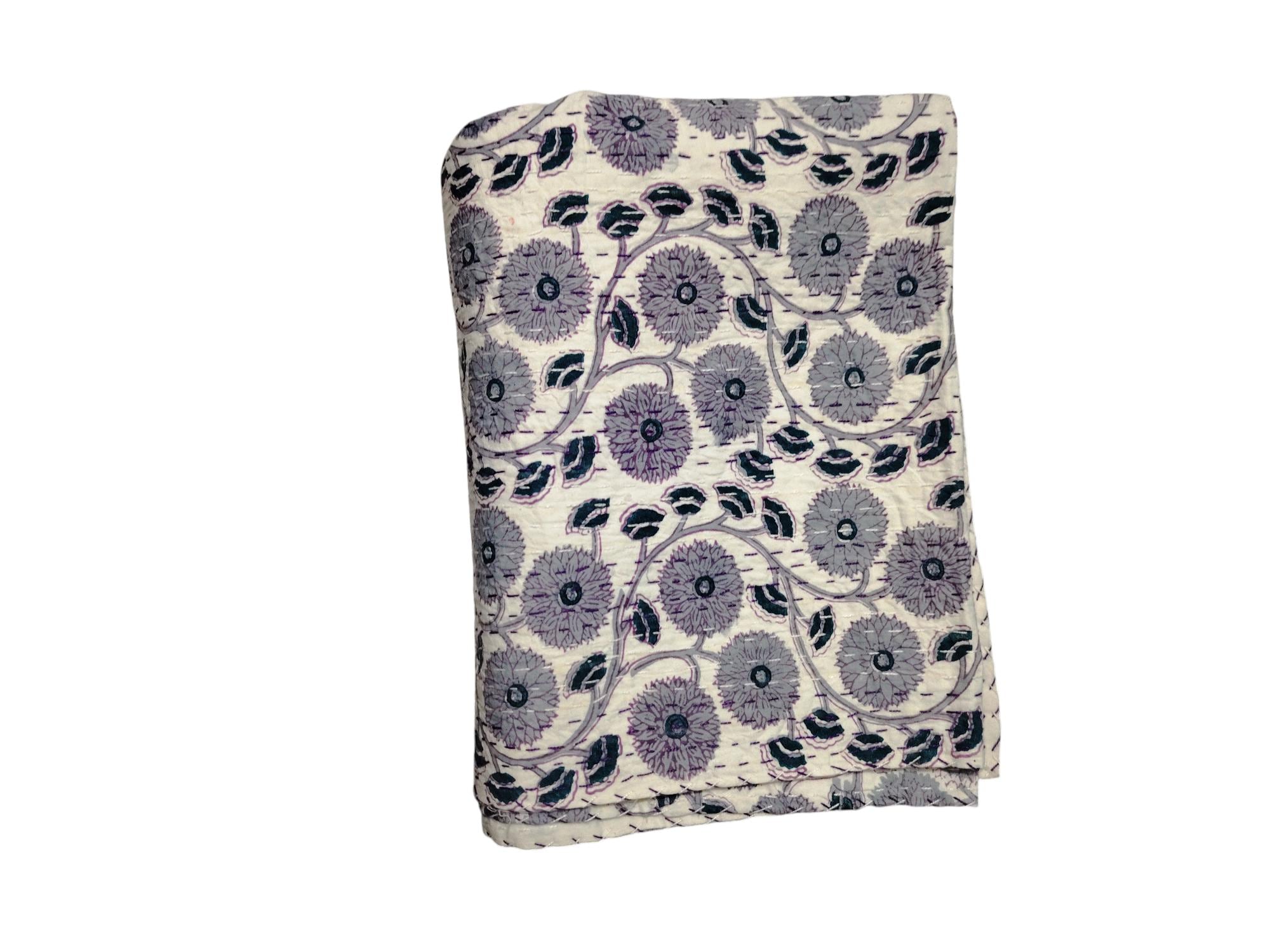 Purple Kantha Quilted Kantha Bedding Hand Block Floral Print Summer Boho Comforter Quilt Kantha Throw Bedspread Quilt