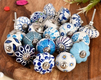 Blue Knobs handle Pulls Ceramic Door Assorted Design hand painted knobs Cabinet Dresser Drawer knobs Kitchen