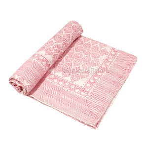 Indian Kantha Quilt Pink Print Hand Block Throw Reversible Bedding Pure Cotton Stitched Kantha Quilt Soft Cotton Quilt Queen Kantha