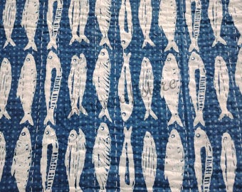 Indigo Fish Kantha Quilt, Hand Stitched Reversible Cotton Bedding, Boho Hippie Throw