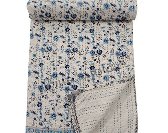 Edredón Kantha de algodón cosido a mano: Funda de cama floral reversible