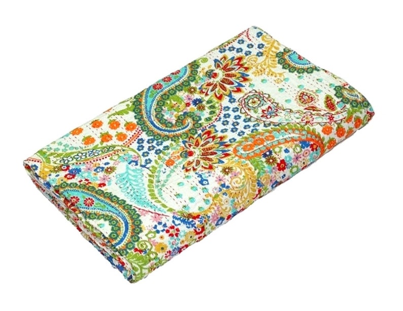 Indian Handmade Queen Cotton Paisley Print Kantha Quilt throw Blanket Bedspread Hand Stitch Kantha Work Quilt