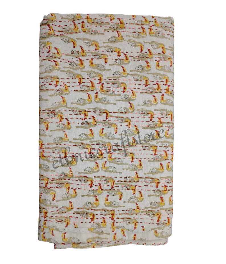 Indian Kantha Quilt Hand Block Floral Print Reversible Bedding Summer