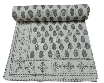 Beautiful Reversible Coverlet Queen Kantha Bedding Hand Block Throw Blanket Quilted Kantha Bed Cover