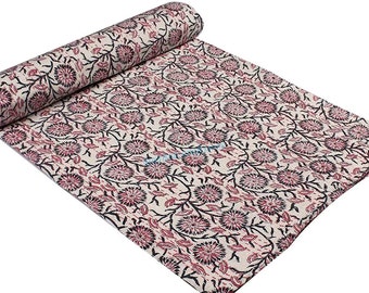 Hand-Stitched Indian Cotton Kantha Quilt: Floral Bohemian Bedspread (Reversible)